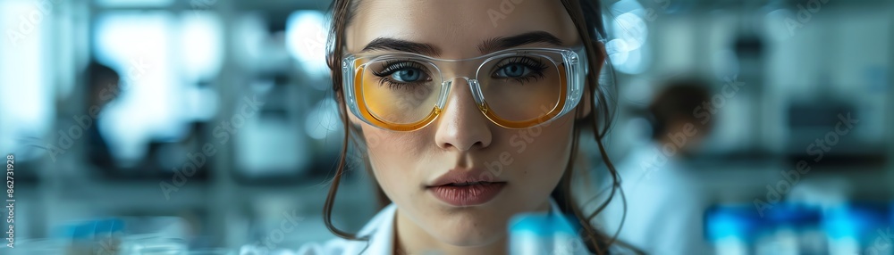 A focused female scientist examines a test tube sample in a modern laboratory setting A focused female scientist examines a test tube sample in a modern laboratory setting