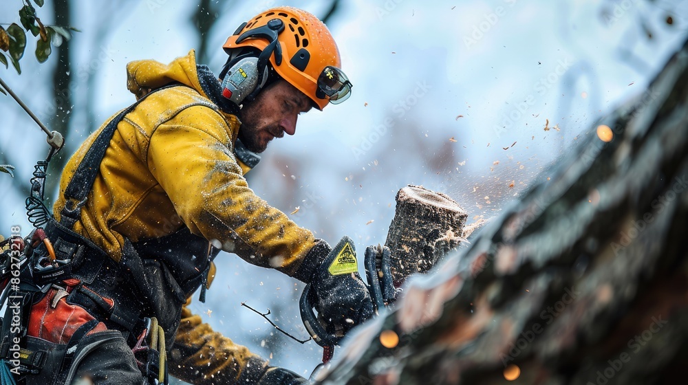 Tree felling professional at work. Generative AI. Tree felling professional at work. Generative AI.
