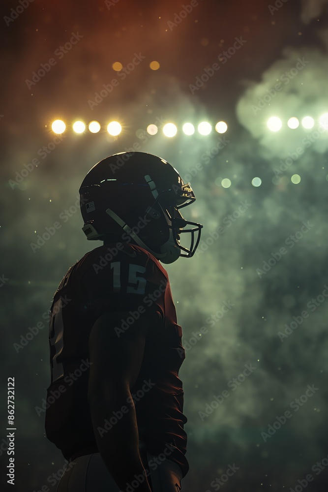 A powerful silhouette of an American football player against bright stadium lights, evoking focus and determination A powerful silhouette of an American football player against bright stadium lights, evoking focus and determination