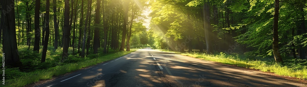 Fototapeta premium A serene highway stretches invitingly through a lush green forest, with sunlight dappelling the road and vibrant trees on a clear day