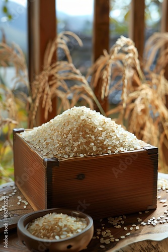 A Premium shortgrain Japanese rice presented in a traditional wooden box, with paddy plants in the background photo