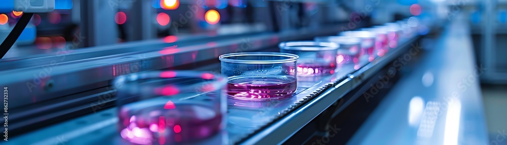 An Automated production line for pharmaceuticals showing petri dishes in a sterile environment An Automated production line for pharmaceuticals showing petri dishes in a sterile environment