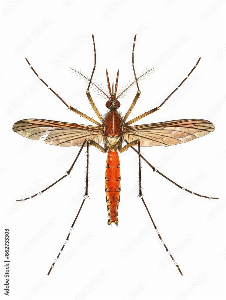 A large, brown and orange mosquito with a black head. The insect is standing on a white background