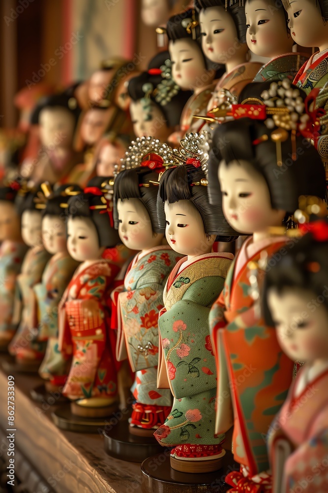 Traditional Japanese dolls in colorful kimonos, cultural display Traditional Japanese dolls in colorful kimonos, cultural display