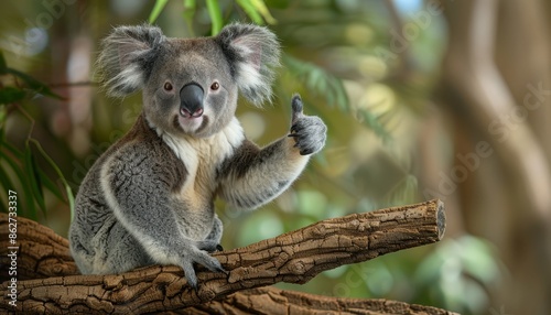 Cute and Friendly Koala Making a Thumbs Up Gesture in the Forest