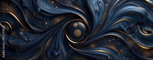 Abstract background with blue and gold flowing waves and yin-yang symbol photo