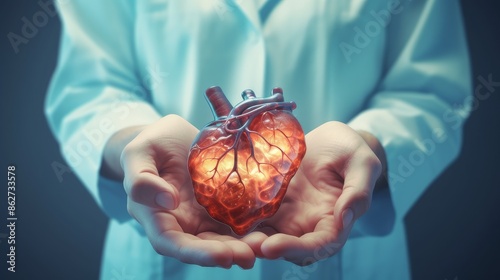 Female doctor touchstone virtual Heart in hand. Blurred photo, handrawn human organ, highlighted red as symbol of disease. Healthcare hospital service concept stock photo