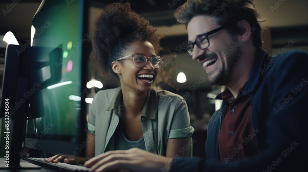 A man and a woman are laughing together while looking at a computer monitor. The man is wearing glasses and the woman has a ponytail. They seem to be enjoying each other's company A man and a woman are laughing together while looking at a computer monitor. The man is wearing glasses and the woman has a ponytail. They seem to be enjoying each other's company