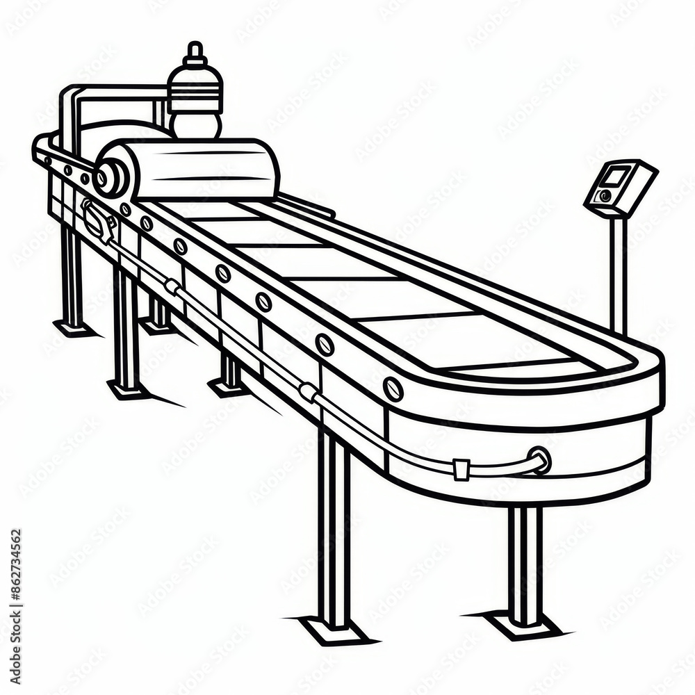Black and white line drawing of an industrial conveyor belt used in manufacturing or processing industries. Black and white line drawing of an industrial conveyor belt used in manufacturing or processing industries.