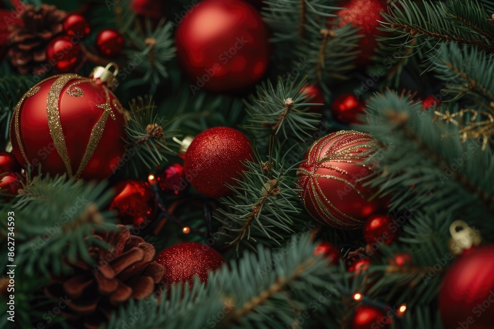 A bunch of red and gold Christmas ornaments are scattered throughout a tree. The tree is full of lights and the ornaments are shiny and sparkly. Scene is festive and joyful A bunch of red and gold Christmas ornaments are scattered throughout a tree. The tree is full of lights and the ornaments are shiny and sparkly. Scene is festive and joyful