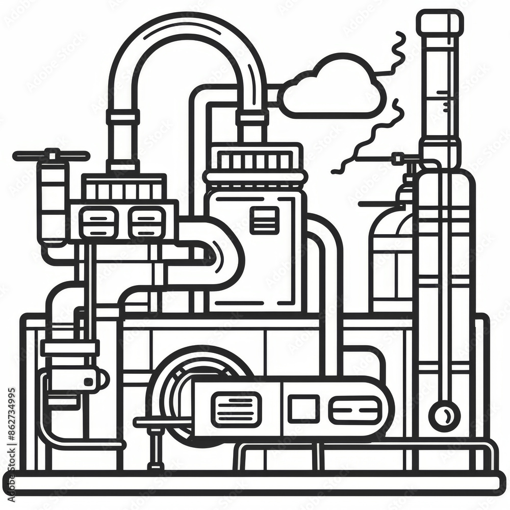 Black and white line drawing of complex industrial machinery with various interconnected pipes and components. Black and white line drawing of complex industrial machinery with various interconnected pipes and components.