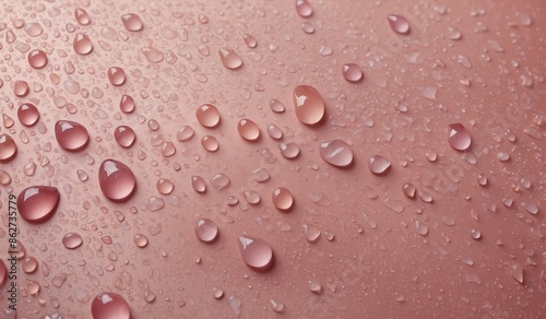 Water droplets scattered on a pink surface closely