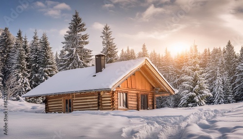 Vector illustration of a cozy winter cabin in the snow.