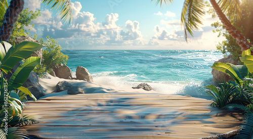Fototapeta Naklejka Na Ścianę i Meble -  Showcase products on a wooden podium with a sunny tropical beach backdrop. Generative AI.
