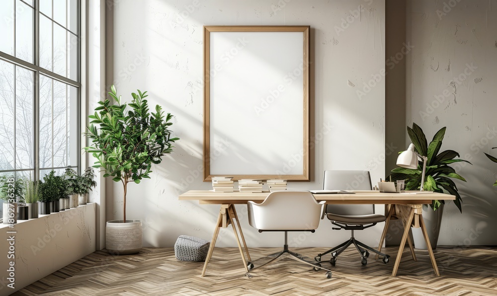 Minimalist office with an empty frame on the desk Minimalist office with an empty frame on the desk
