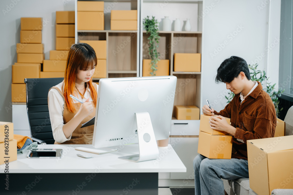 Starting small businesses SME owners, two check online orders Selling products working with boxs freelance work