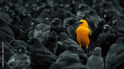 Golden Bird Stands Out in a Crowd of Black Birds