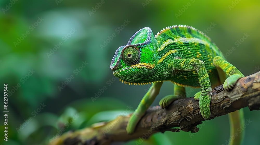 Fototapeta premium Vibrant green chameleon on a branch, blending with its natural habitat. A perfect capture of nature and wildlife in the jungle.