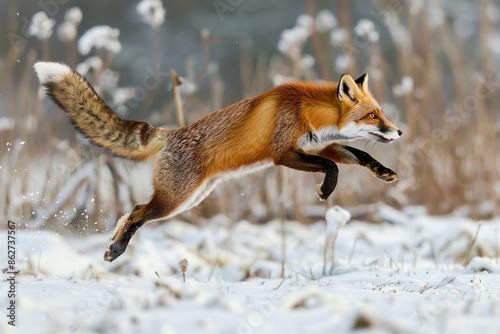 A red fox leaping through a snow-covered field, showcasing its agility and grace in a winter landscape. photo