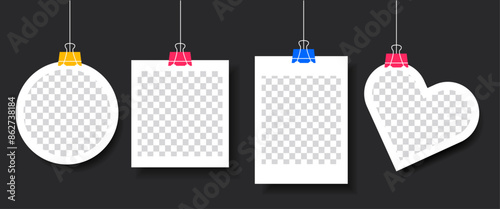 White cartoon polaroid photo frames in different shapes: circle, rectangle, square and heart. Vector graphic templates with colorful paper clips. Vintage photo collage set.
