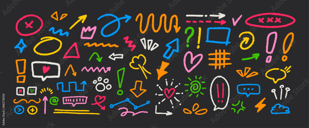 Hand-drawn doodle colorful arrows. Abstract scribble pencil drawn elements. Collection of arrow signs in different directions.