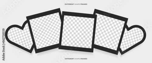 Polaroid photo frame mockups. Vector design collage set. Realistic shape frames for your album. Vintage black photo card collection on grey background.