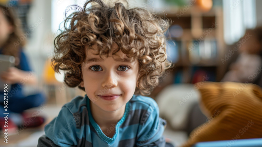Curly-haired boy smiling in a classroom, symbolizing education, happiness, and the joy of learning in a school environment. Curly-haired boy smiling in a classroom, symbolizing education, happiness, and the joy of learning in a school environment.