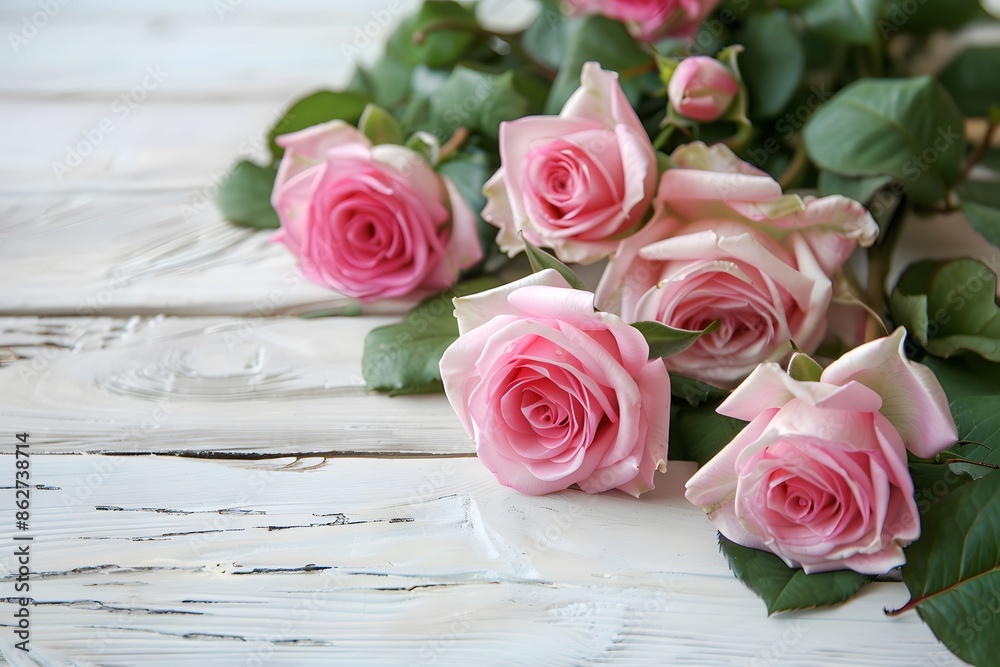 Bouquet of fresh pink roses on a white wooden background. Bouquet of fresh pink roses on a white wooden background.