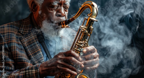 Senior Musician Playing Saxophone Surrounded by Smoke in a Studio