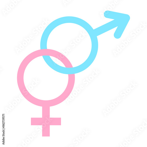 Male and female gender symbols in blue and pink, interconnected on a white background