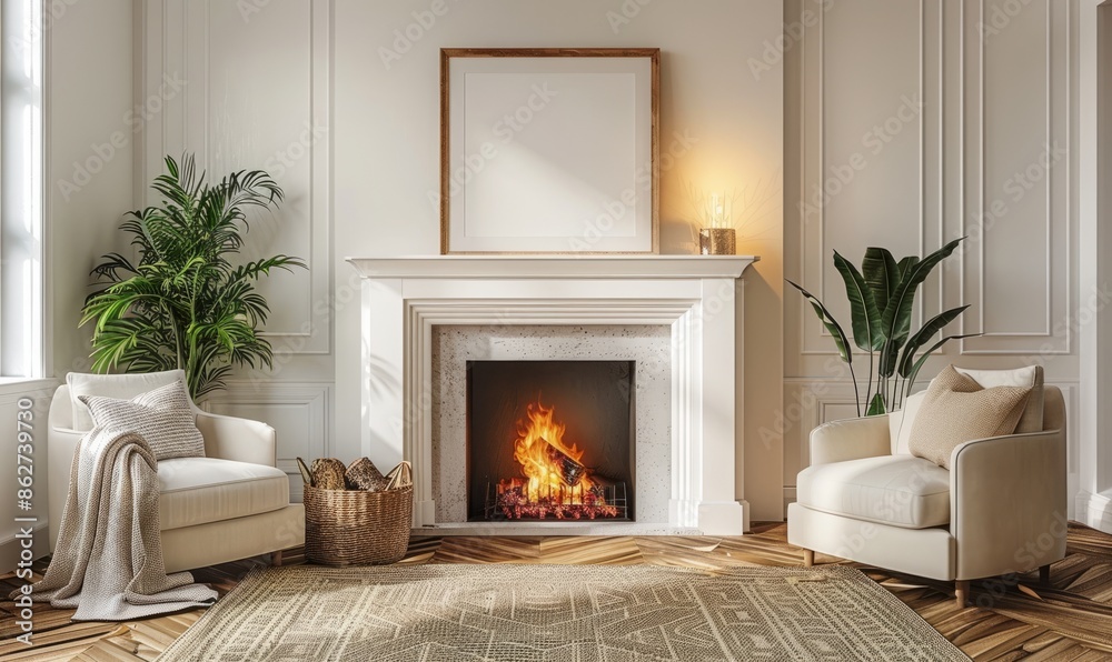 Cozy living room with an empty frame above the fireplace Cozy living room with an empty frame above the fireplace