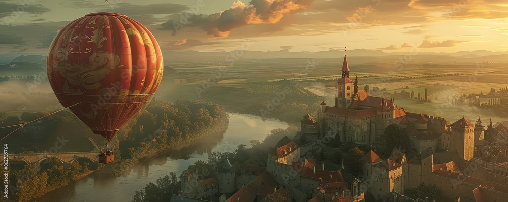 Obraz premium A hot air balloon shaped like a castle floating over a medieval landscape (realistic)