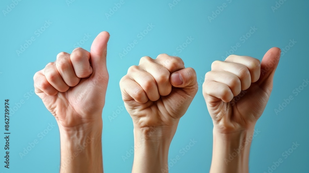 Three hands are raised in the air, each with a thumbs up gesture Three hands are raised in the air, each with a thumbs up gesture