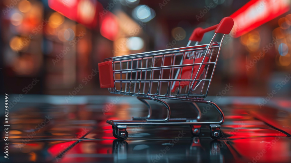 Close-up of a small shopping cart in a vibrant, colorful store setting with blurred lights in the background. Close-up of a small shopping cart in a vibrant, colorful store setting with blurred lights in the background.