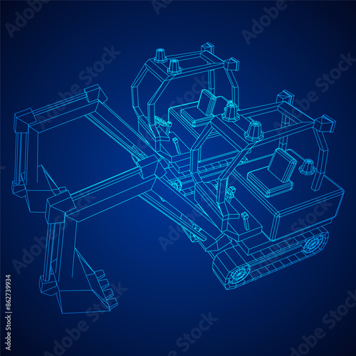 Heavy equipment excavator machine manufacturing power equipment for open pit mining. Wireframe low poly mesh vector illustration