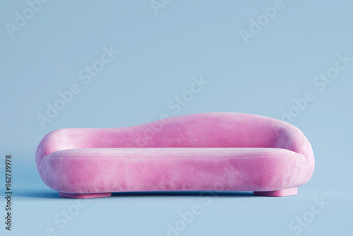a pink couch with a blue background photo