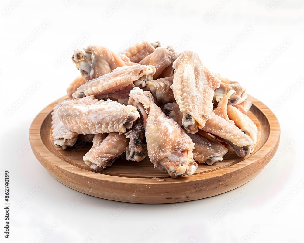 Frozen chicken wings arranged irregular wooden plate white background Food Presentation Concept Frozen chicken wings arranged irregular wooden plate white background Food Presentation Concept