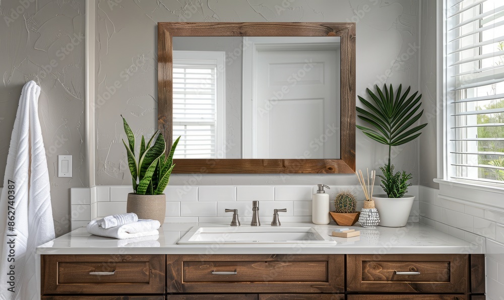 Fototapeta premium Elegant bathroom with a blank frame above the vanity