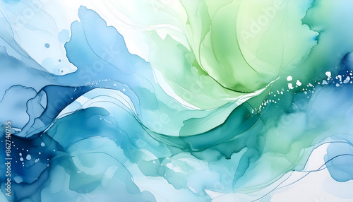 This abstract watercolor art features vibrant blue and green swirls, conveying a sense of fluidity and tranquility, ideal for modern and contemporary decor enthusiasts.
