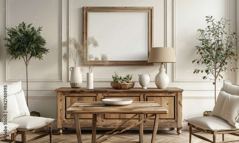 Serene dining room with an empty frame on the buffet Serene dining room with an empty frame on the buffet