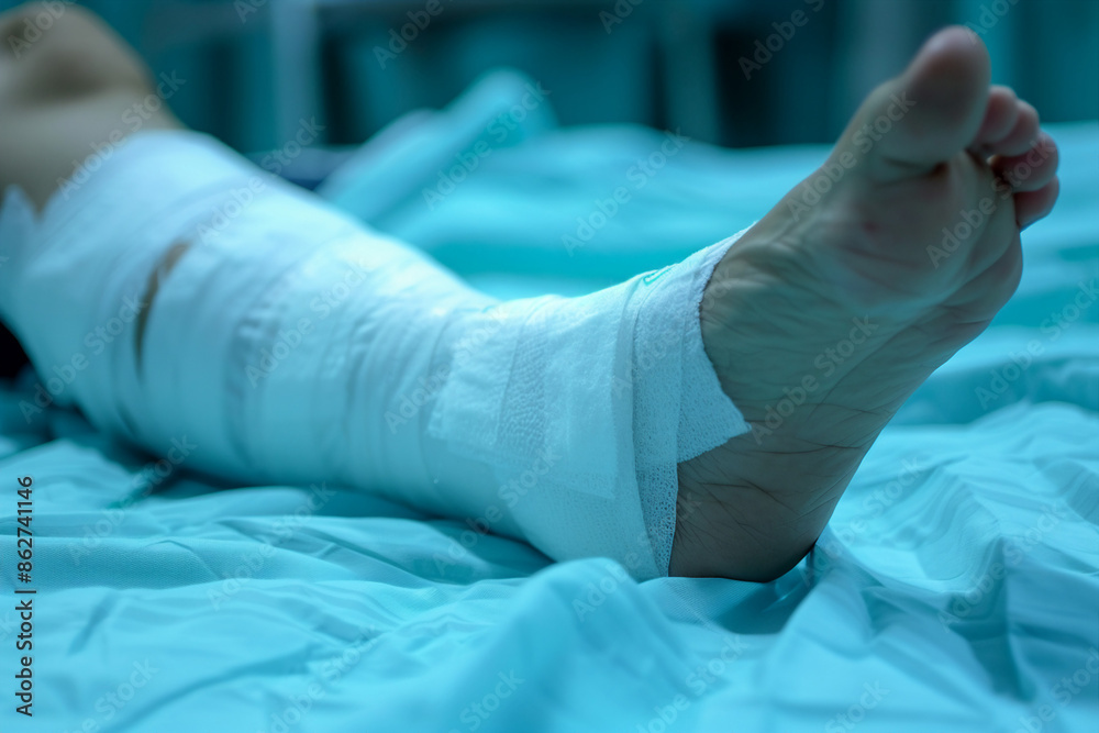 Generated AI image of man with broken limb and gypsum bandage on foot Generated AI image of man with broken limb and gypsum bandage on foot