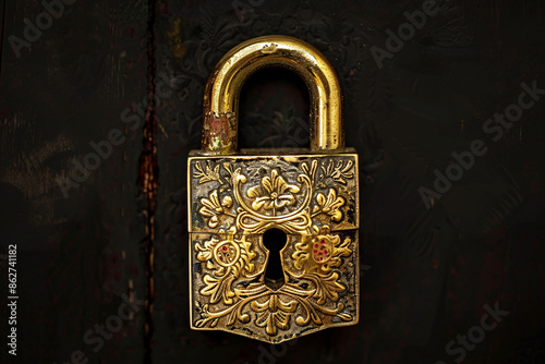 a gold padlock with a floral design with Venkateswara Temple, Tirumala in the background photo