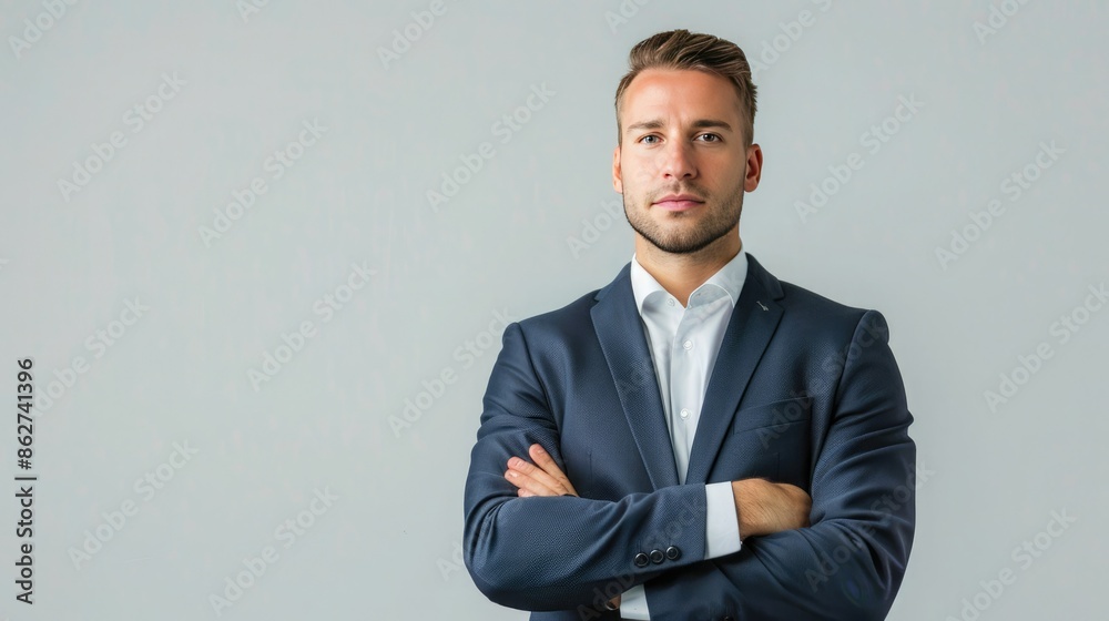 Confident young businessman in a suit with arms crossed, standing against a neutral background, conveying professionalism and leadership. Confident young businessman in a suit with arms crossed, standing against a neutral background, conveying professionalism and leadership.