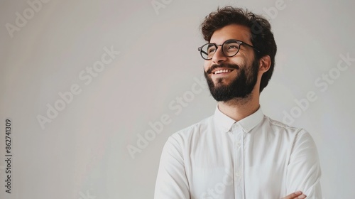 Confident bearded man in glasses smiling while looking to the side with arms crossed in white shirt against a neutral background.