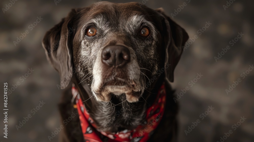 Obraz premium A close up portrait of a senior dog with brown fur and brown eyes.