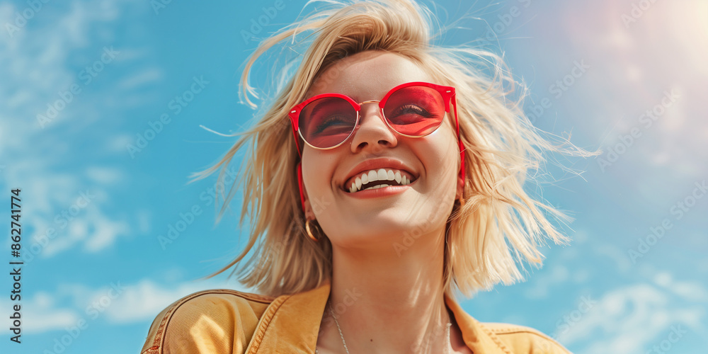 portrait of a blonde woman wearing red sunglasses smiling on the beach, blue sky background portrait of a blonde woman wearing red sunglasses smiling on the beach, blue sky background