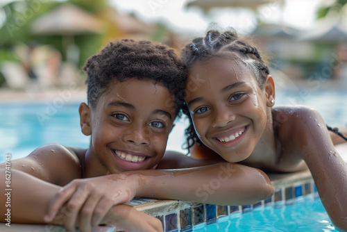 Happy African American boy and girl leaning on the edge of an outdoor swimming pool, smiling at the camera © Ceric Jasmina 