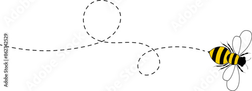 Bee flying path. A bee flying in a dotted line. The flight path of bee. Bee flying on a dotted route. Hand drawn bees. Vector illustration.