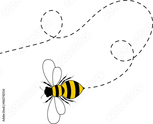 Bee flying path. A bee flying in a dotted line. The flight path of bee. Bee flying on a dotted route. Hand drawn bees. Vector illustration.