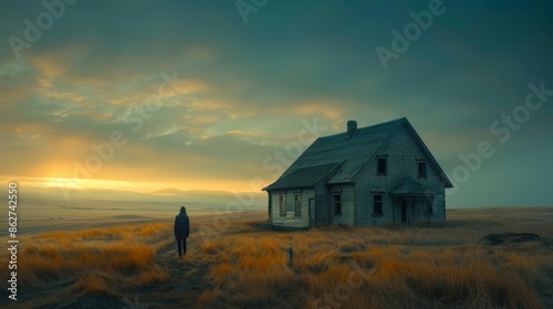 A lonely retrostyle house in a vast, mistcovered plain at sunset, capturing a peaceful and eerie atmosphere Vintage, highresolution photography photo